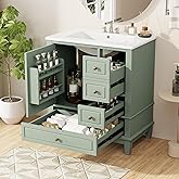30 Inch Sage Green Bathroom Vanity with Sink,Modern Bathroom Vanity with 3 Drawers & Gold Knobs,with Integrated Ceramic Count