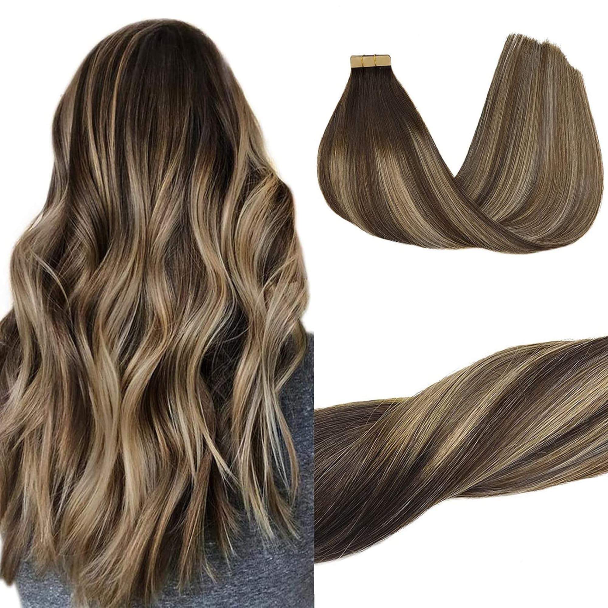 GOO GOO Tape in Hair Extensions human hair,22inch 50g 20pcs, Human Hair Extensions, 4/26/4 Chocolate Brown to Honey Blonde