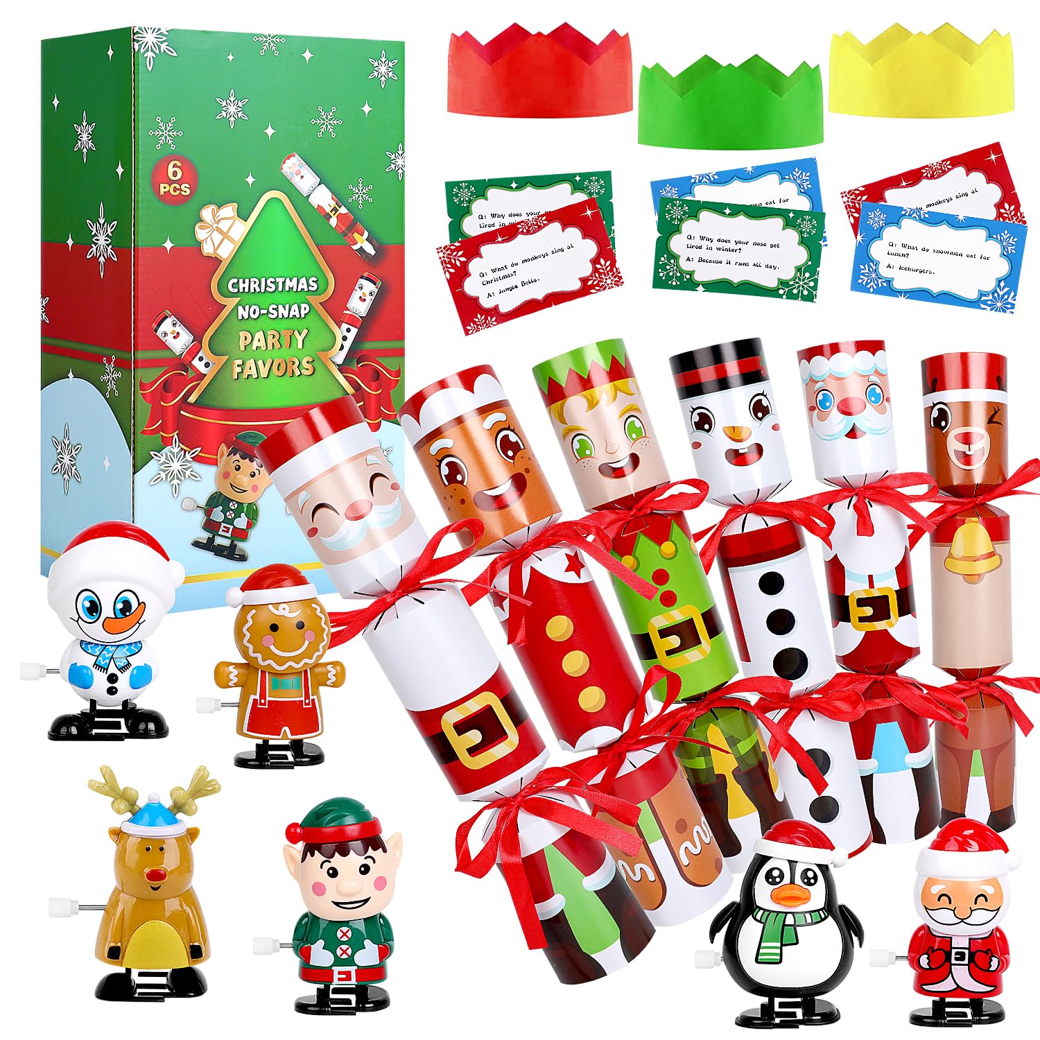 VEYLIN Christmas Crackers, 6 Pack Christmas No-snap Crackers Cracker for Kids Party Table Favor with Wind Up Toys, Party Hat & Joke Xmas Seasonal Holiday Dinner Traditions