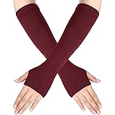 Syhood 1 Pair Women Winter Knitted Long Fingerless Gloves Striped Arm Warmers with Thumb Hole, Stretchy Elbow Length