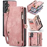 Kowauri Wallet Case for Samsung Galaxy S25, Zipper Purse Folio Leather Wallet with Card Holder Wrist Strap Detachable Magnetic Shockproof Protective Back Case for Samsung Galaxy S25 (Pink)