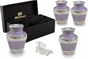 BOLD & DIVINE Small Purple Keepsake Urns | for Human Ashes or Pet Ashes | Purple Enamel Textured Mini Urn Set of 4 | 2.75" Tall Urns & 4 Individual Velvet Bags