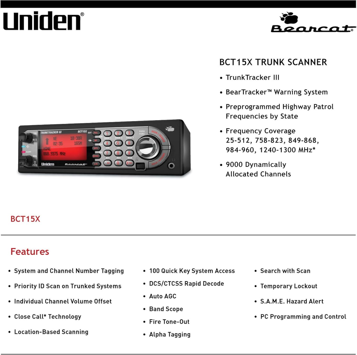 Uniden BearTracker Scanner (BCT15X) with 9,000 Channels, TrunkTracker III Technology, Base/Mobile Design, Close Call RF Capture Technology with Location-Based Scanning, - Black Color: Electronics