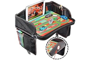 Coolmum Kids Travel Tray, Toddler Car Seat Tray, Double Sided Activity Organizer, Snack Lap Tray, Baby Stroller Table, Airplane Play Table, Waterproof and Foldable (Premium Black)