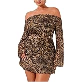 SOLY HUX Women's Plus Size Off The Shoulder Tie Dye Mini Dress Flared Long Sleeve Bodycon Party Dress