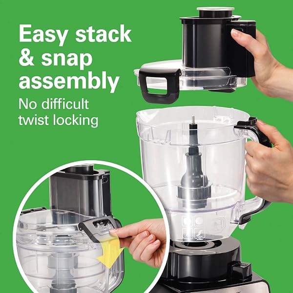 HAMILTON BEACH STACK & SNAP FOOD PROCESSOR AND VEGETABLE CHOPPER, STAINLESS STEEL BLADES, 14 CUP + 4-CUP MINI BOWLS, 3-SPEED 500 WATT MOTOR, BLACK (70585)