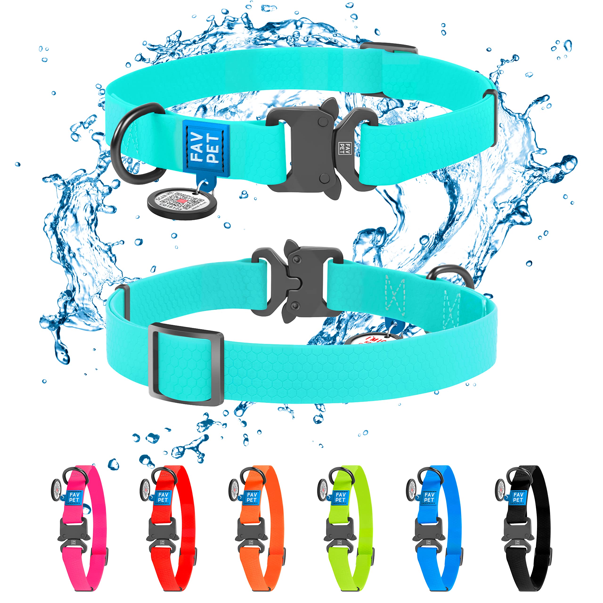 FAVPET Glow in Dark Dog Collar, Biothane, Small, Turquoise, Glow, QR Code ID Tag