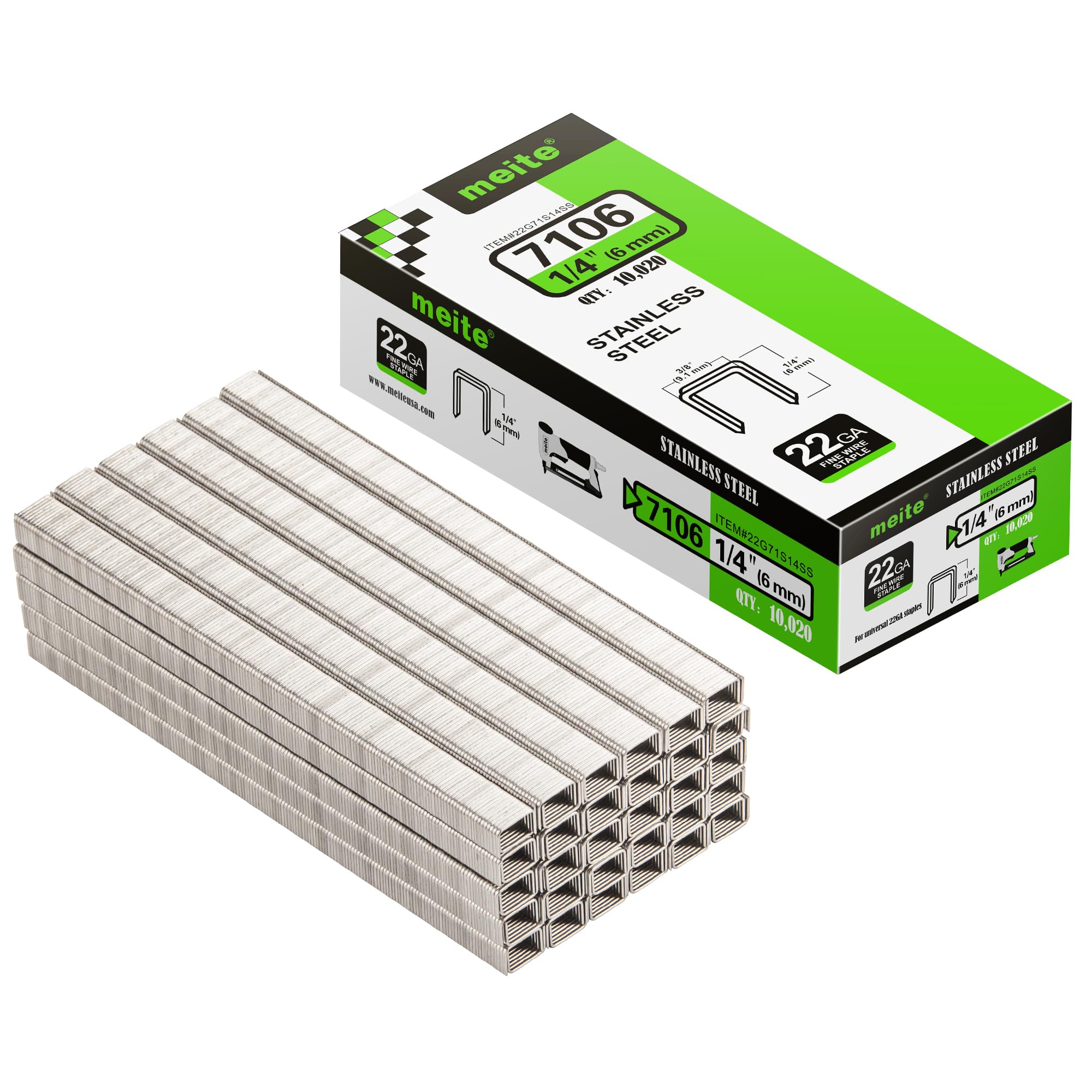 meite Type 71/6 mm Stainless Steel Staples Marine, Type 71 Upholstery Staples for Staple Gun, 22 Gauge, 9.1 mm Crown, 304 Stainless Steel for Carpet, Work Box, Cable, Shed, Fence (10,000 Counts)