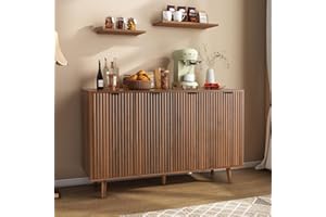 LYNCOHOME Fluted Sideboard Cabinet, Buffet Cabinet with 4 Doors, Kitchen Storage Cabinet with Solid Wood Feet for Kitchen, Di
