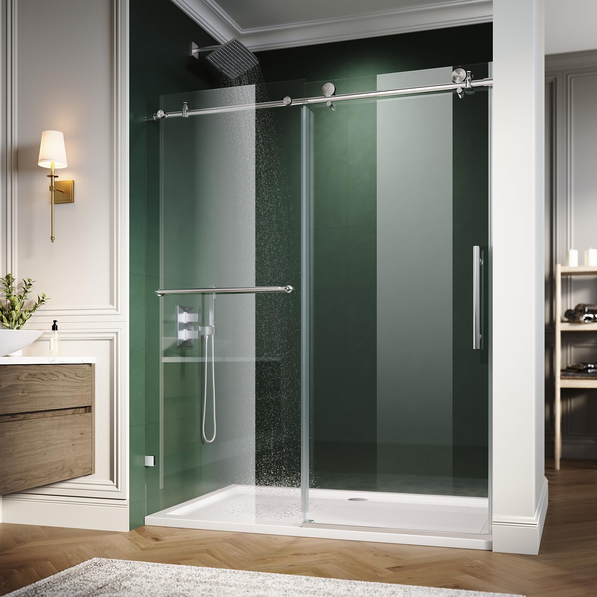 Photo 1 of ELEGANT 60" W x 79" H Frameless Shower Door, Single Sliding Glass Shower Door, 5/16" (8mm) Tempered Glass, Stainless Steel Towel Bar, Chrome Finish
