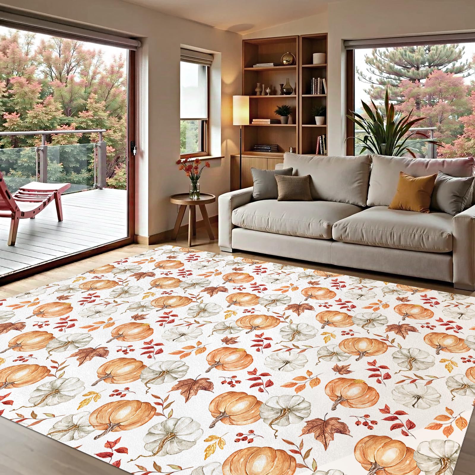 Photo 1 of Livcoz Fall White Pumpkin Washable Area Rug 5 x 7 Ft, Autumn Thanksgiving Soft Non Slip Large Rugs Indoor Home Decor, Entryway Floor Carpet for Living Room Bedroom Kitchen Dining Room Decoration