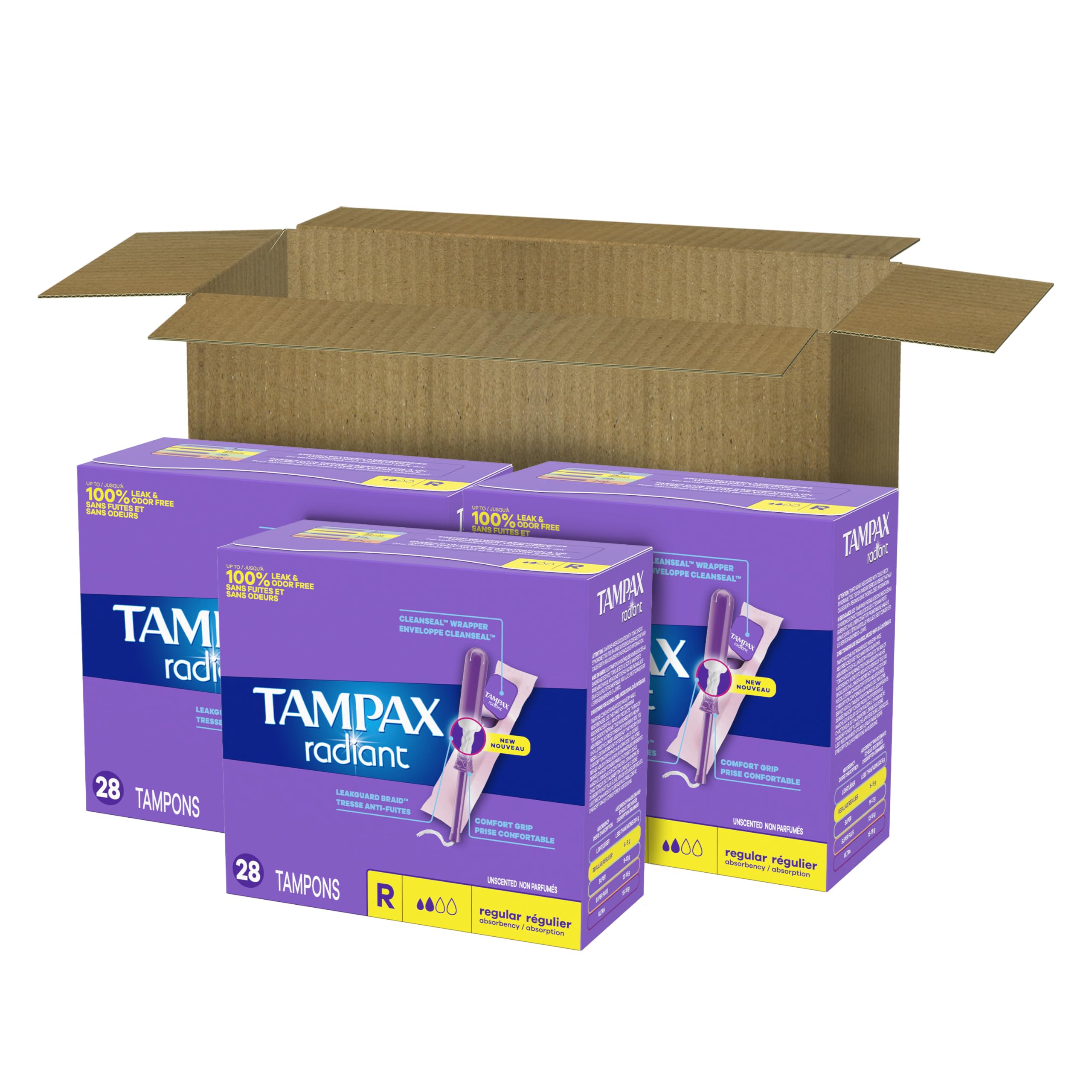 Tampax Radiant Tampons for Women, with LeakGuard Braid, Regular Absorbency, Unscented, 84 Count (3 Packs of 28)