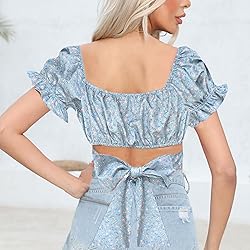 COOUFE Women's Crop Tops Ruffle Short Sleeve Tie