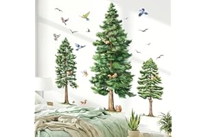 wondever Large Pine Tree Wall Stickers Watercolor Woodland Tree Birds Peel and Stick Wall Art Decals for Living Room Bedroom 