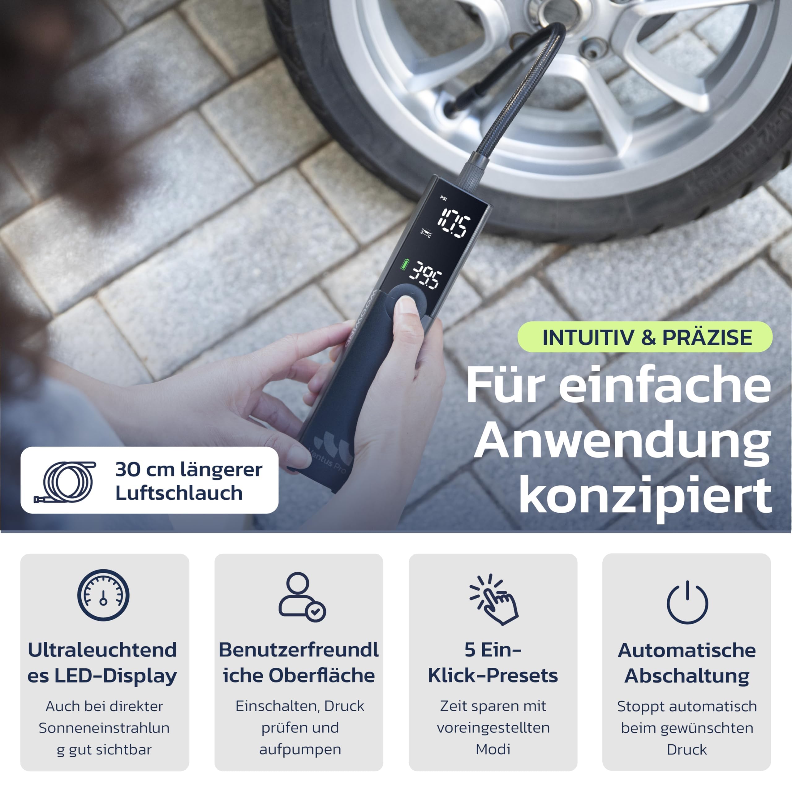 Woowind Ventus Pro Premium Elektrische Luftpumpe, 2X Schneller, 150PSI/10,3Bar Akku Kompressor, Luftpumpe Auto mit 12V-Kabel für SUVs & Offroad-Reifen, Auto-Stopp 7