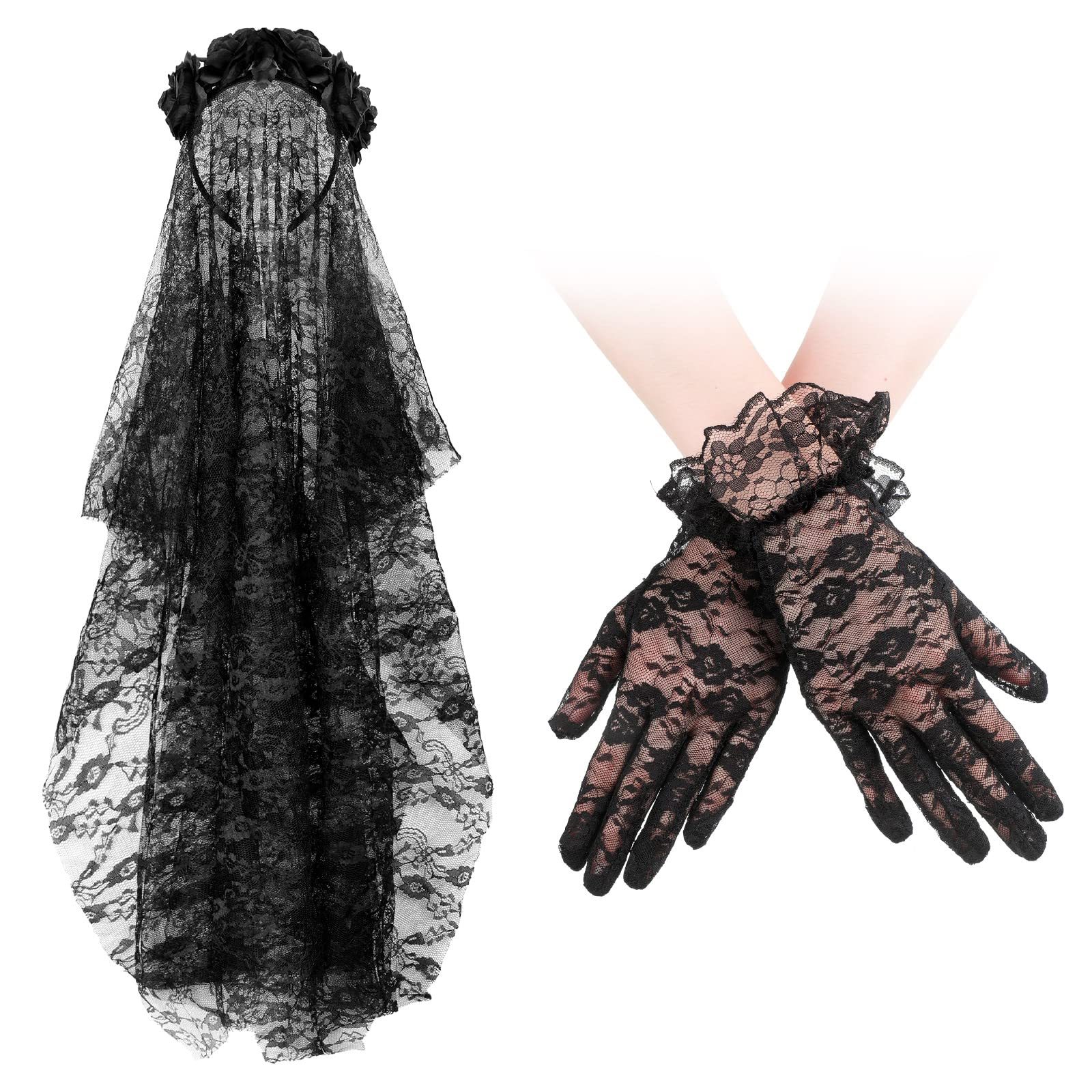 Halloween Veil Headband Black Lace Short Gloves Set Elegant Elastic Rose Floral Festival Headwear Black Lace Gloves Flower Veil Headpiece for Girls Ladies Women Wedding Party Prom Hair Accessories