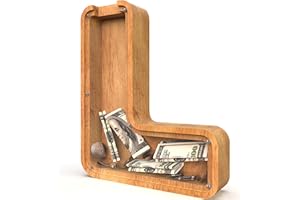 SULEVALT Piggy Bank for Kids Boys Girls, Large Personalized Wooden Letter Piggy Bank with Cut-Out Design, Alphabet Letter Coin Banks, Money Savings Box, Wooden Bank for Kids Creative Gift for Real-Money(L)