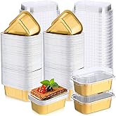 Vesici 100 Sets Valentines Mini Loaf Pans with Lids, 5.7 oz Disposable Aluminum Foil Baking Cups, Rectangle Cake Pans for Pudding Desserts Muffin Baking Storage Valentines Birthday Party(Gold)