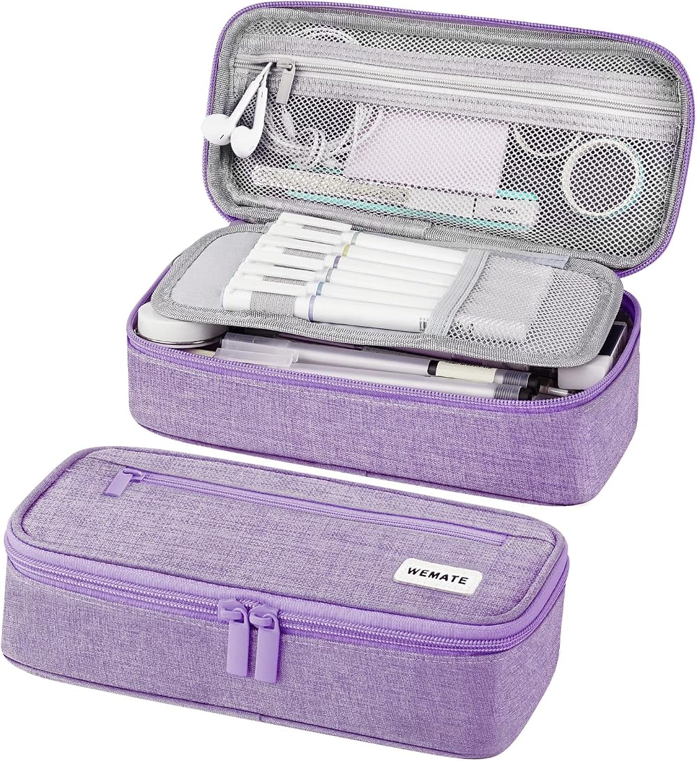 WEMATE Large Pencil Case Aesthetic Canvas Large Capacity Purple 9x4.3x2.4in