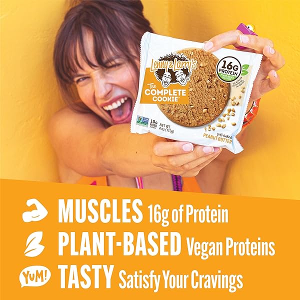 LENNY & LARRY’S COMPLETE PROTEIN COOKIE, [PEANUT BUTTER], CHEWY SOFT BAKED, 16G PLANT PROTEIN, VEGAN, NON-GMO, HIGH FIBER, [4 OUNCE] COOKIE (PACK OF 12)
