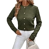 Floerns Women's Eyelet Button Down Cardigan Sweaters Long Sleeve Crew Neck Lightweight Knitwear
