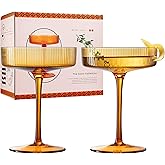 Khen Ribbed Vintage Art Deco Coupe Glasses - Martini, Champagne & Cocktail Ribbed Glasses 8oz | Cute Crystal Glassware Sets - Goblet Stemmed Ripple Glassware, Housewarming Glass Gifts, Amber, 2 Pieces