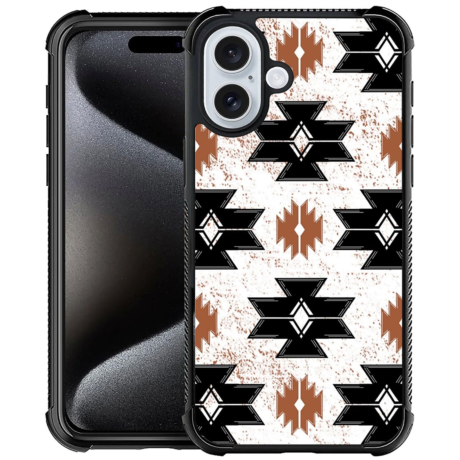 HCTYKHVTYS for iPhone 16 Case,Black TPU Rubber Impact-Resistant Anti-Slip Fingerprint-Free Protective Case- Tribal Aztec Pattern