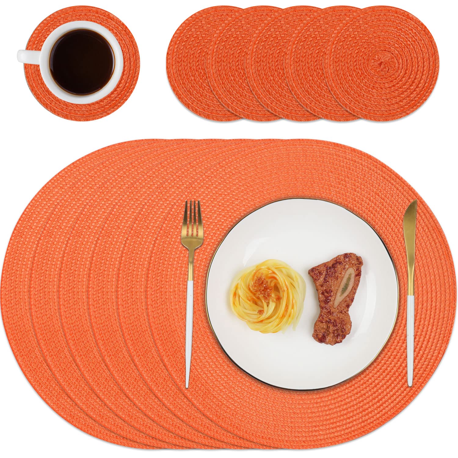Homcomodar Round Placemats and Coasters Set of 6 Braided Woven Table Place Mats for Dining Table(Orange) — image 1
