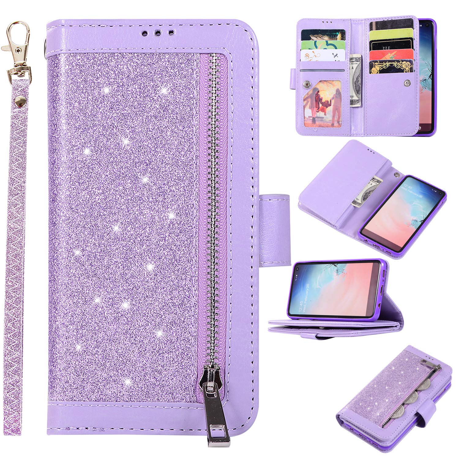 EYZUTAK Wallets Case for Samsung Galaxy S10 Plus, PU Leather TPU Flip Cover Zipper Wallet with 9 Card Slots Stand Function - Purple โ image 1