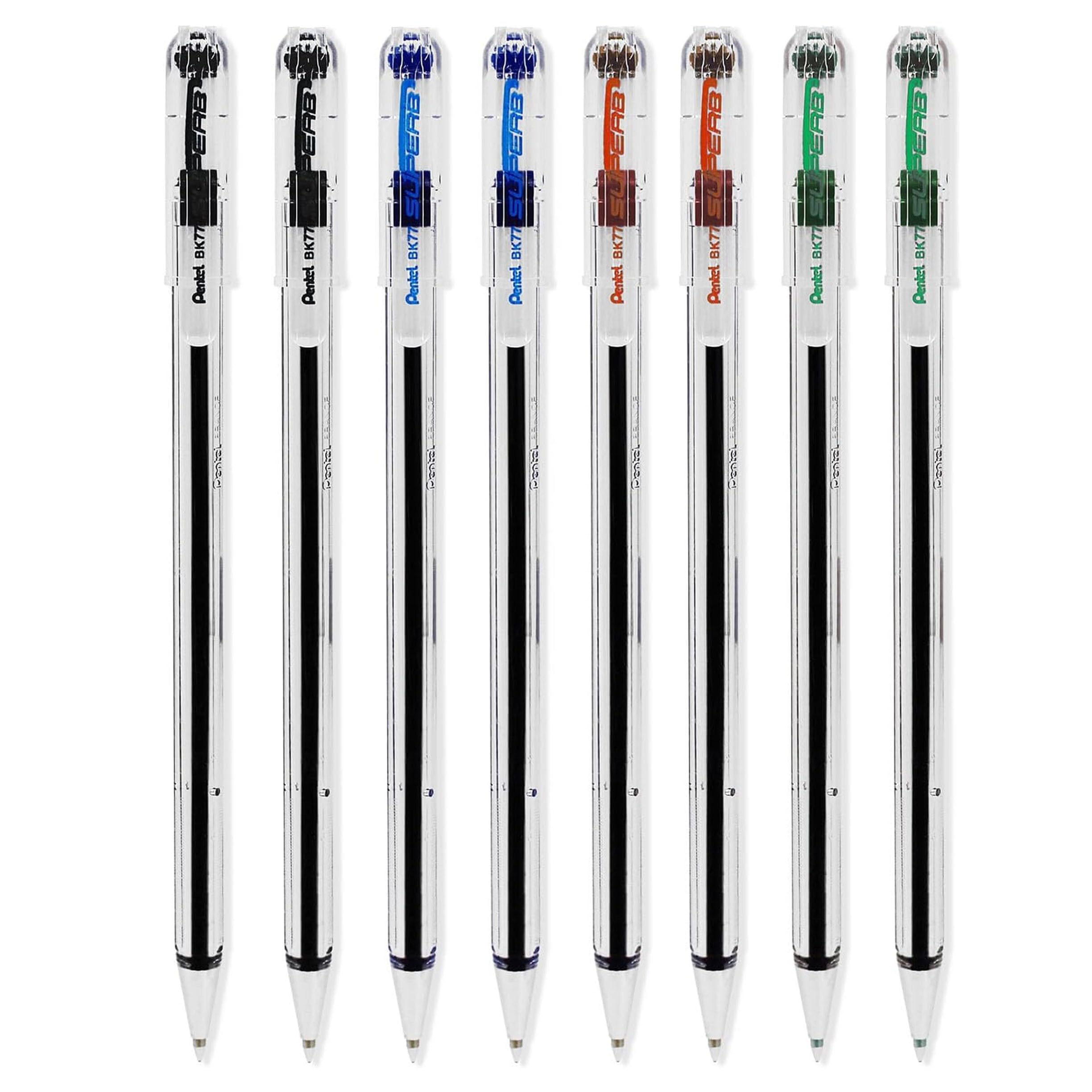Pentel Superb Ballpoint Pen Ball Point Pens 0.7mm Nib Tip 0.25mm Line Width Fine Line Refillable Ink BK77 - Black, Blue, Red, Green (8)