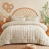 MR&HM Beige Comforter Set Queen, Tufted Boho Bedding Set, Farmhouse Bed in a Bag Set 7 Pieces with 1 Comforter, 2 Pillow Shams, 2 Pillowcases, 1 Flat Sheet, 1 Fitted Sheet for All Seasons