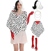 5 Pcs Dalmatian Costume Women Dalmatian Shawl Black and White Wig Pearl Necklace Red Gloves Halloween Costume Accessories Set