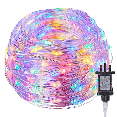 Fairy Lights Plug in, 33Ft 100 LEDs Waterproof Silver Wire Firefly Lights, Adaptor Included, Starry String Lights for Wedding Indoor Outdoor Christmas Patio Garden Decoration, Multicolor