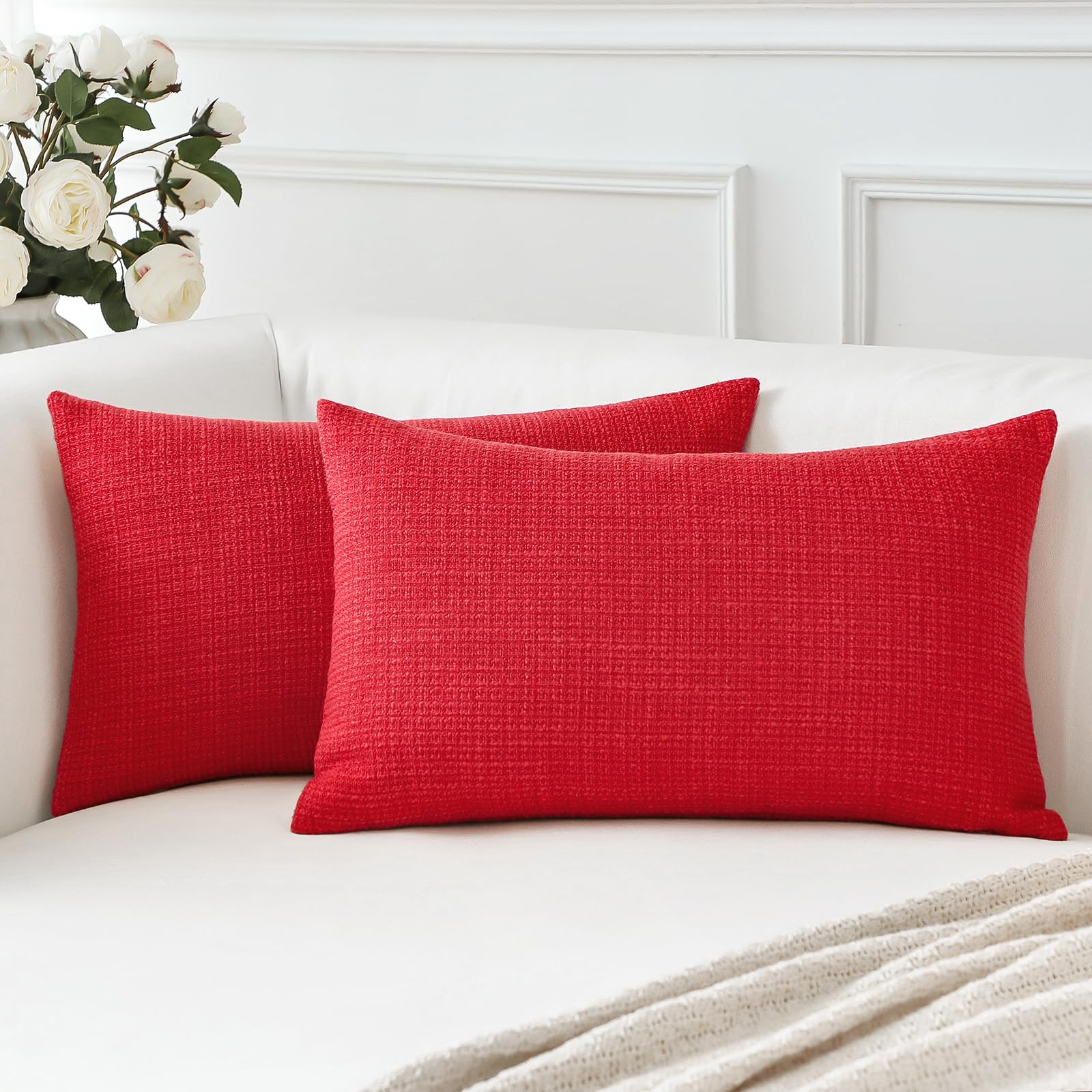 Artscope Christmas Cushion Covers Set of 2 Linen Decorative Square Pillowcases Pillow Covers 40x60cm for Home Decor Sofa Bedroom Car (Christmas Red, 16x24)
