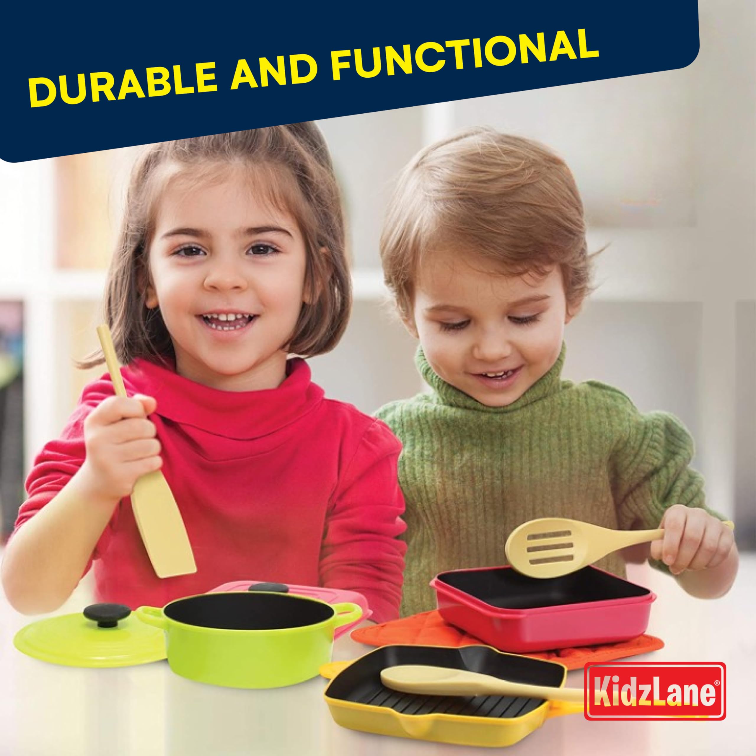 Kidzlane Kids Play Pots and Pans for Toddlers | Durable Mini Cooking Set for Kids Toy, BPA Free, Dishwasher Safe | Kids Pots and Pans Playset | Pretend Play Kitchen Accessories for Kids and Toddlers