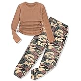 Glaoly Girls' Clothing Sets Ribbed Knit Crewneck T-Shirt & Camo Print Elastic Waist Pants Girls Clothes Size 6-16Y