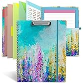 Clipboard Folio with Notepad for Letter Size (11" x 8.5"), 5 Extra Folders with Storage 10 Pockets, 39 File Folder Labels, Elastic Closure Spiral Clipboard with Storage(Purple Oil Painting)