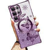 Illians Glitter Phone Case for Samsung Galaxy S26 Ultra, Purple Butterfly | Wireless Charging Compatible, Soft TPU Bling Magnetic Phone Cover, Reinforced Corners, Shockproof Anti-Scratch, for Women