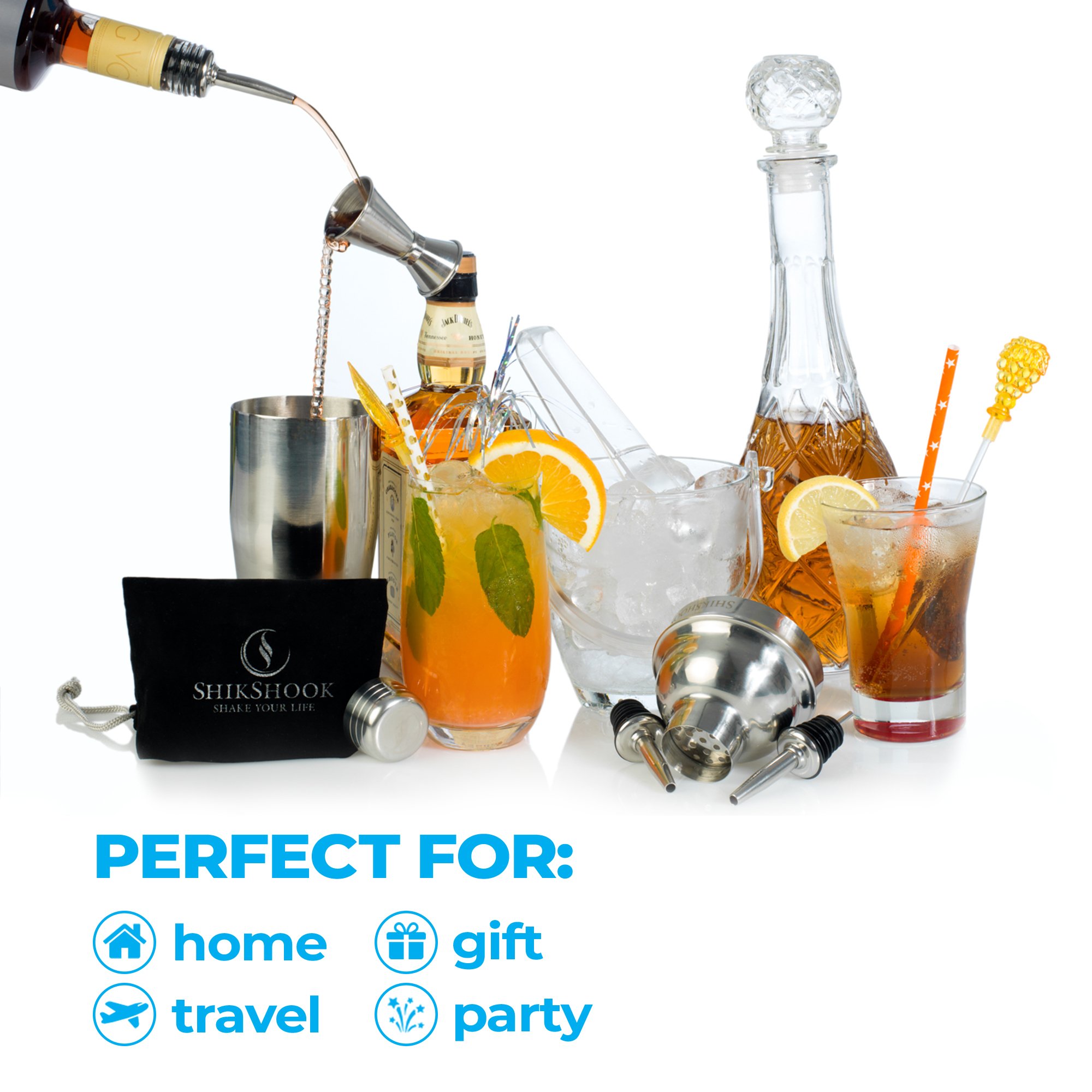 SHIKSHOOK Cocktail Shaker 25oz & Double Jigger 1oz \\ 2oz & 2 Liquor Pourers - Professional Bartender Kit in a Accessories Bag and E- Book: 150 Recipes - Martini Drink Mixer Barware Tools Supplies