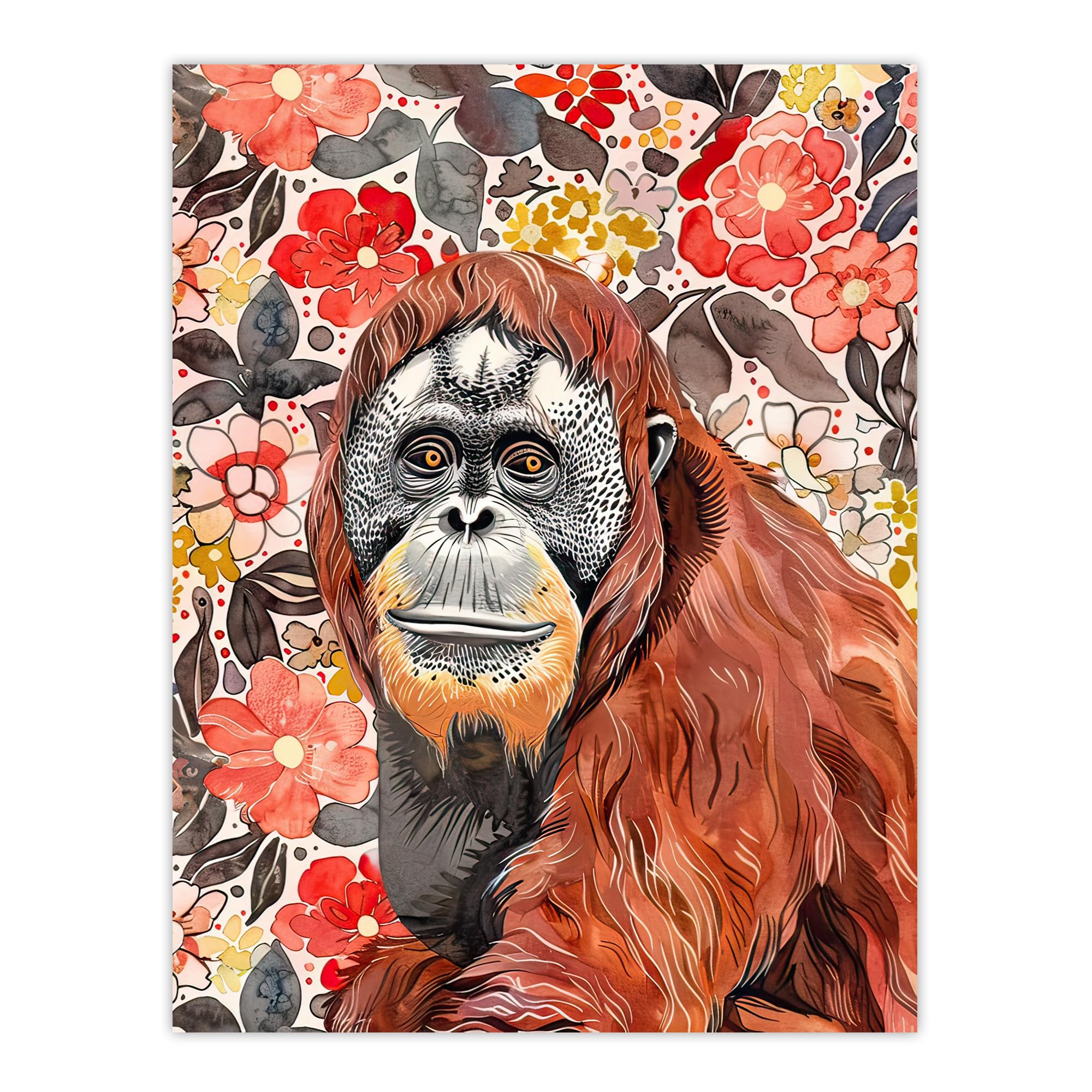 Artery8 Orangutan with Red Blooming Flowers Watercolour Living Room Extra Large XL Wall Art Poster Print