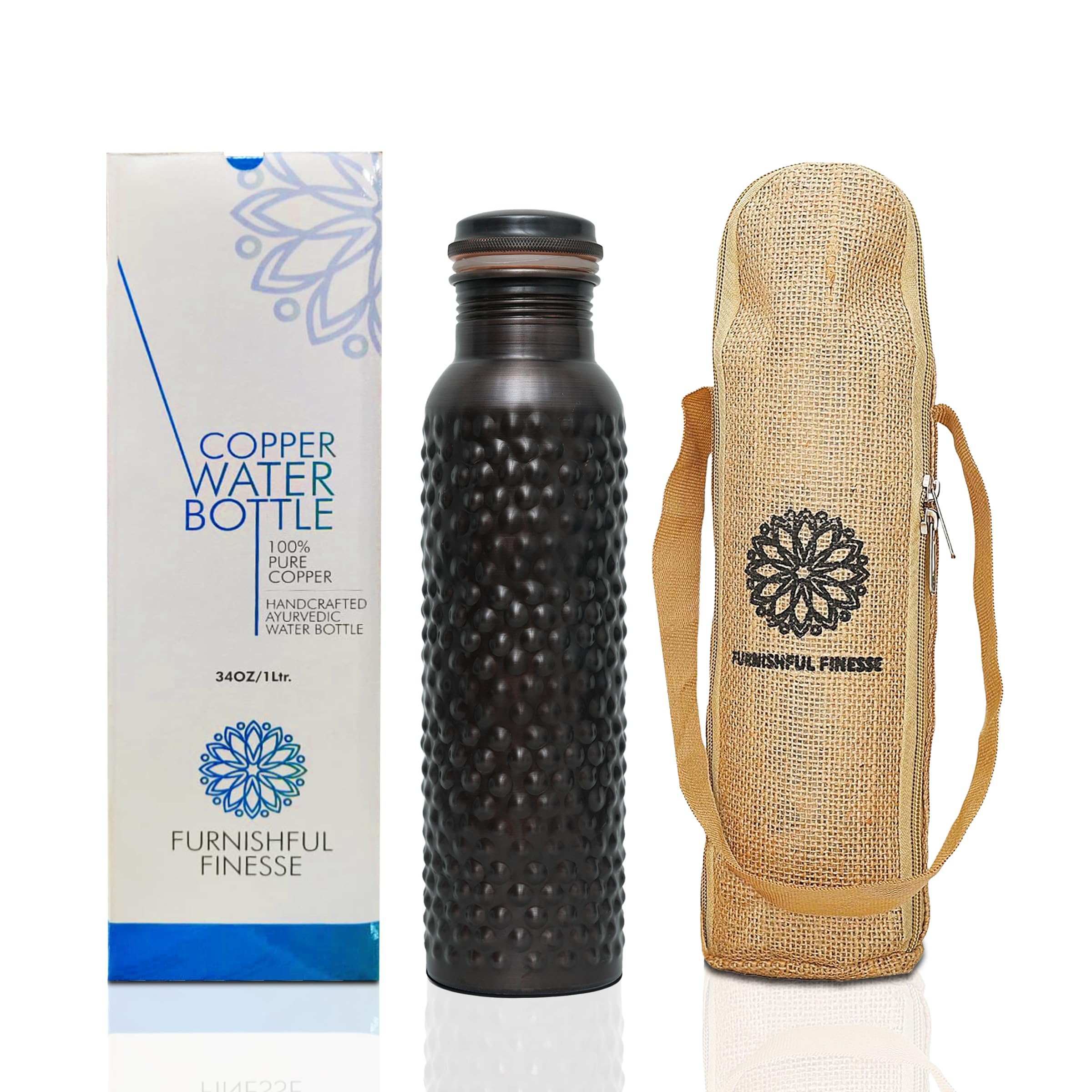 Copper Water Bottle for Drinking Ayurvedic Hammered Copper Water Bottle 34 Oz Leak Proof Lid Handcrafted Copper Vessel Drinking BottleWith Bag Travel Water Bottle for Gym Office Hiking Outdoor