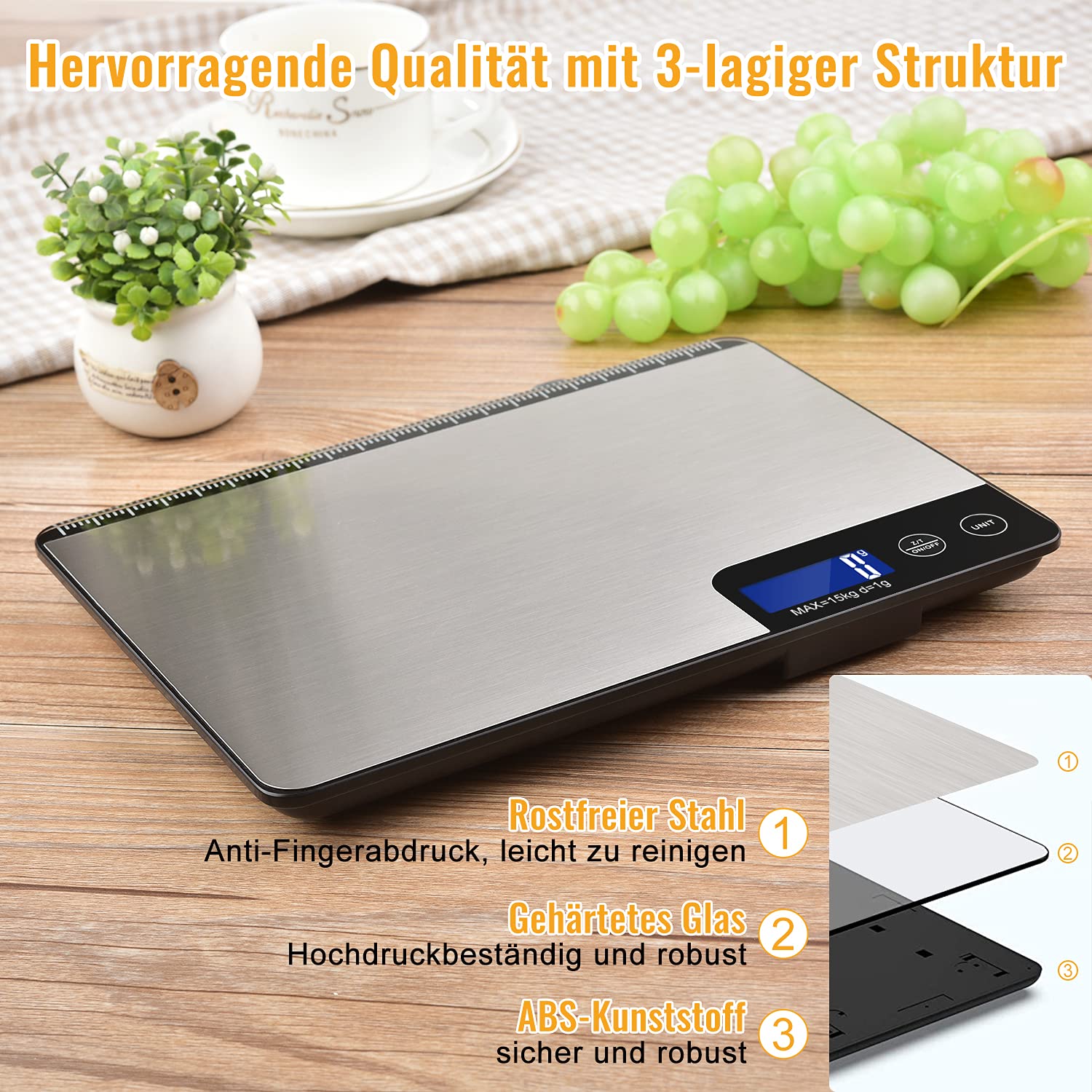 15kg Digitale Küchenwaage mit Lineal, Diyife Professionelle Digital Electronische Waage, Haushaltswaage aus Edelstahl, LCD-Anzeige, aufhängbar, 6 Einheiten, Tara-Funktion, mit Batterien 5