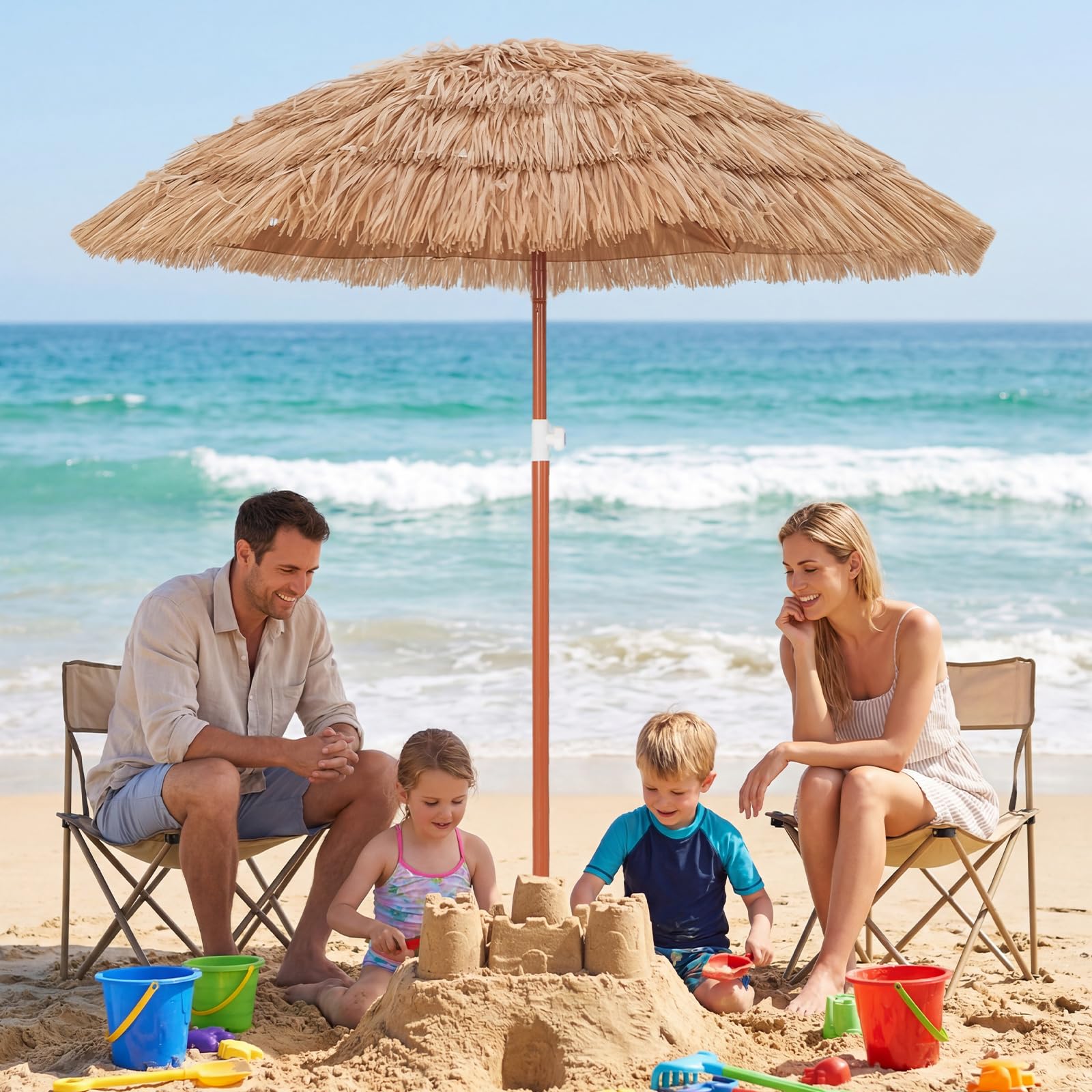 GOPLUS Sonnenschirm Hawaii, Ø 155 cm Sonnenschirm Stroh von 140-190 cm Höhenverstellbar, Strohschirm um 40° knickbar, Hawaii Schirm mit Tragetasche, Strandschirm für Strand, Balkon & Garten 8