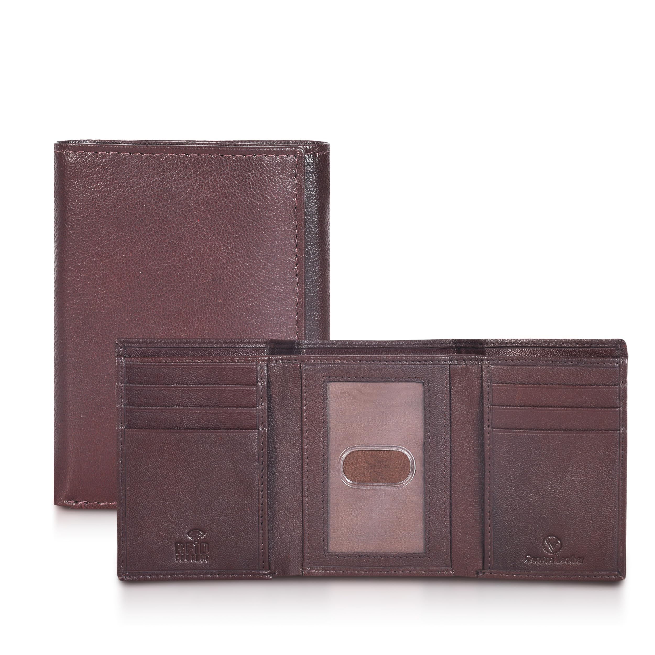 VALENCHI Genuine Real Leather Trifold Men's Wallet - With Card Holder Slots, ID Window and Currency Compartment, Brown Nappa TF01, 2 x 3.5 x 4.35 inches, Real Leather Trifold Wallet