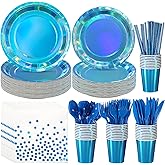 Iridescent Blue Party Supplies Decorations Serve 25, Holographic Blue Paper Plates and Napkins, Disposable Iridescent Party Plates Cups Napkins for Wedding Anniversary Birthday Bridal Shower Party