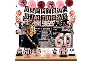 POPULARLDO 60th Birthday Decorations for Women, Rose Gold Back In 1965 Birthday Banner Decorations, Happy 60th Birthday Cake Topper, Balloons, Backdrop, Sash Party Supplies for Women