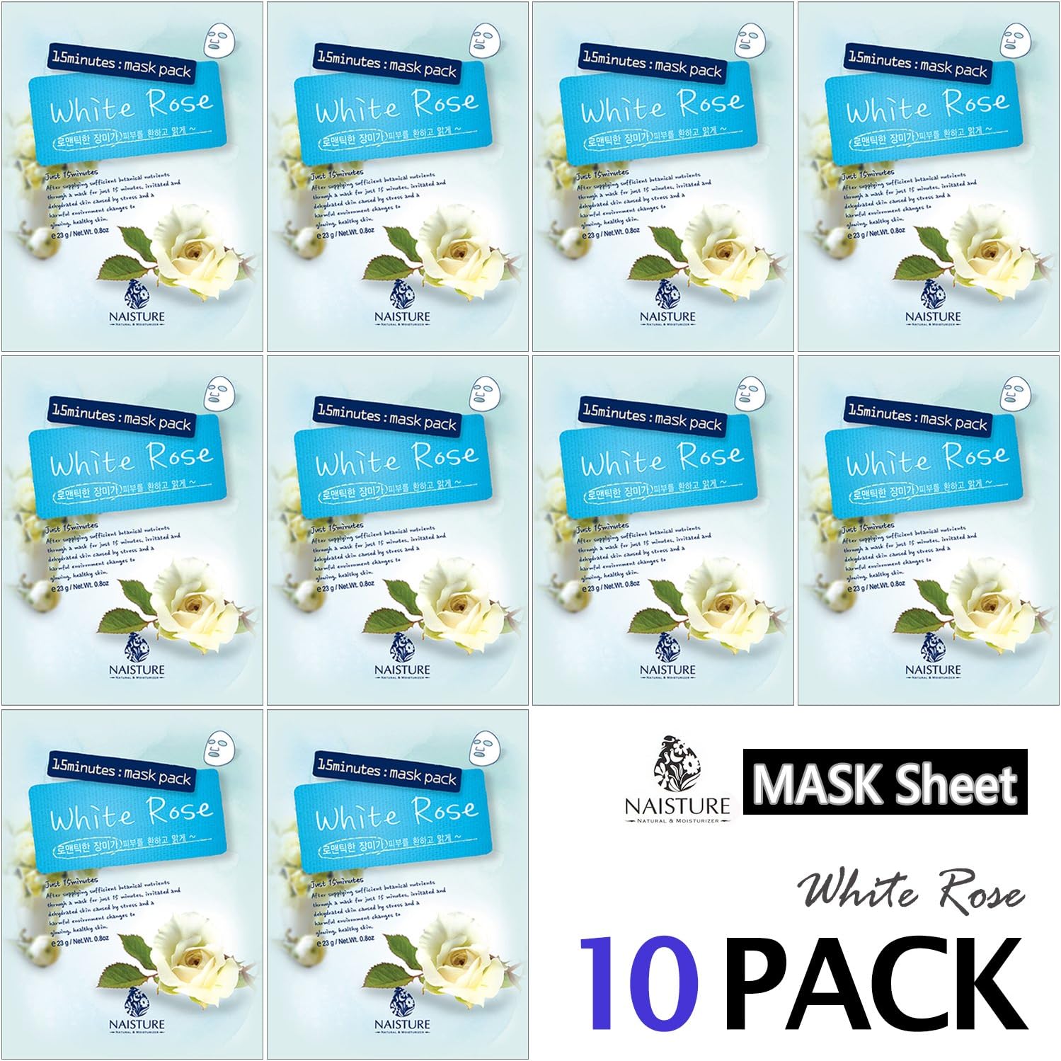 Collagen Facial Sheet Mask Pack Face Treatment [NAISTURE] - Essence Face Masks with 10 sheets - 15 Minute Application For Smooth Moisturizing Revitalizing Hydration 0.8 oz, Made in Korea - White Rose