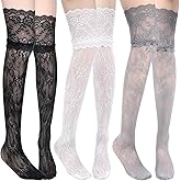 Josojoou 3 Pairs Women's Lace Socks, Lace Knee High Socks with Trim, Kawaii Lolita Stocking Hollowing Out Long over Knee Stocking for Women, Black White Gray