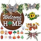 Interchangeable Welcome Sign for Front Door with 4 Seasonal Wreaths and 14 Changeable Icons, Farmhouse Front Door Signs, Door Decoration Porch Decor, Seasonal Wooden Home Sign home décor (6wood)