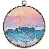 Voxitura Pink Blue Sea Coastal Wall Art Round Framed, Preppy Ocean Surf Wall Decor Canvas Hanging Beachy Girly Room, Summer Beach Paintings Prints Artwork Decorations for Bedroom Dorm 10x10in